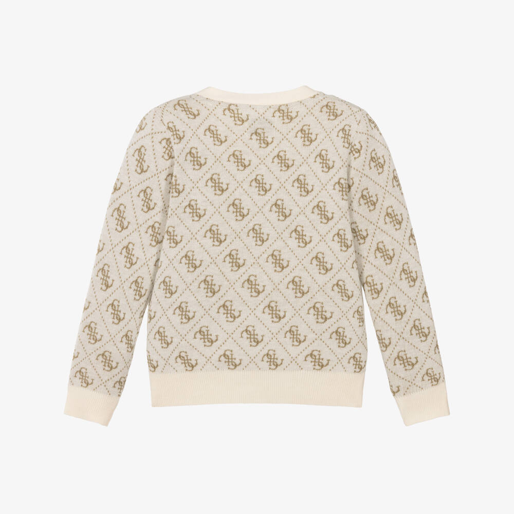Guess-Boys Beige Knitted 4G Logo Cardigan | Childrensalon