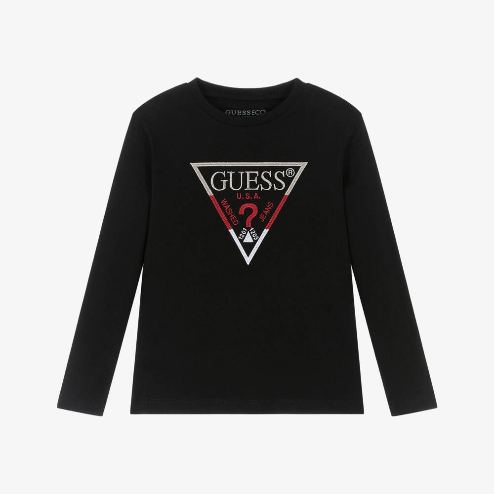 Guess-Boys Black Cotton Embroidered Triangle Logo Long-Sleeved Top | Childrensalon