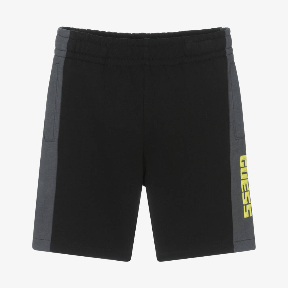 Guess-Boys Black Cotton Jersey Shorts with Yellow Logo Print | Childrensalon