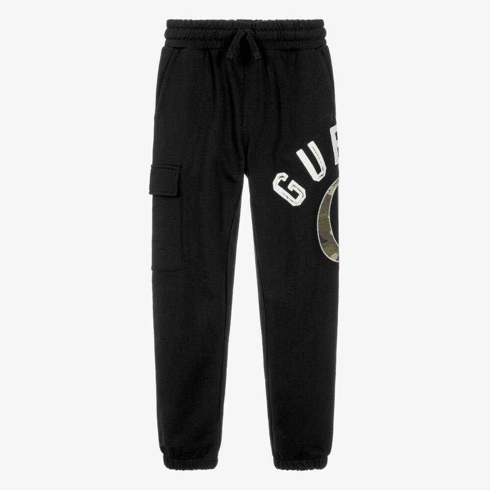 Guess-Boys Black Cotton Joggers with Camo Logo | Childrensalon