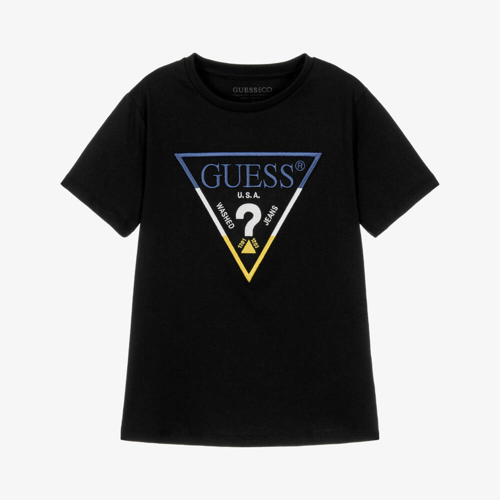 Guess-Boys Black Cotton Triangle Logo T-Shirt | Childrensalon