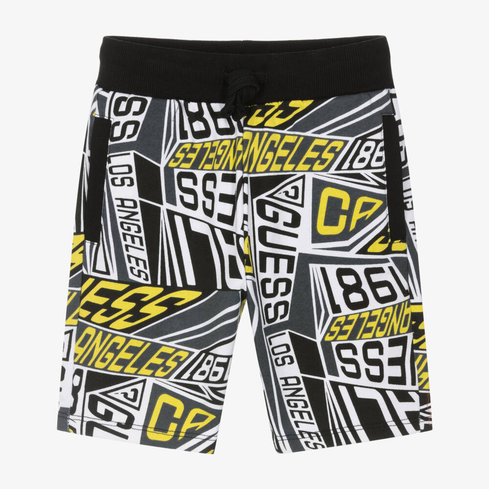 Guess-Boys Black & Grey Logo Pattern Cotton Jersey Shorts | Childrensalon