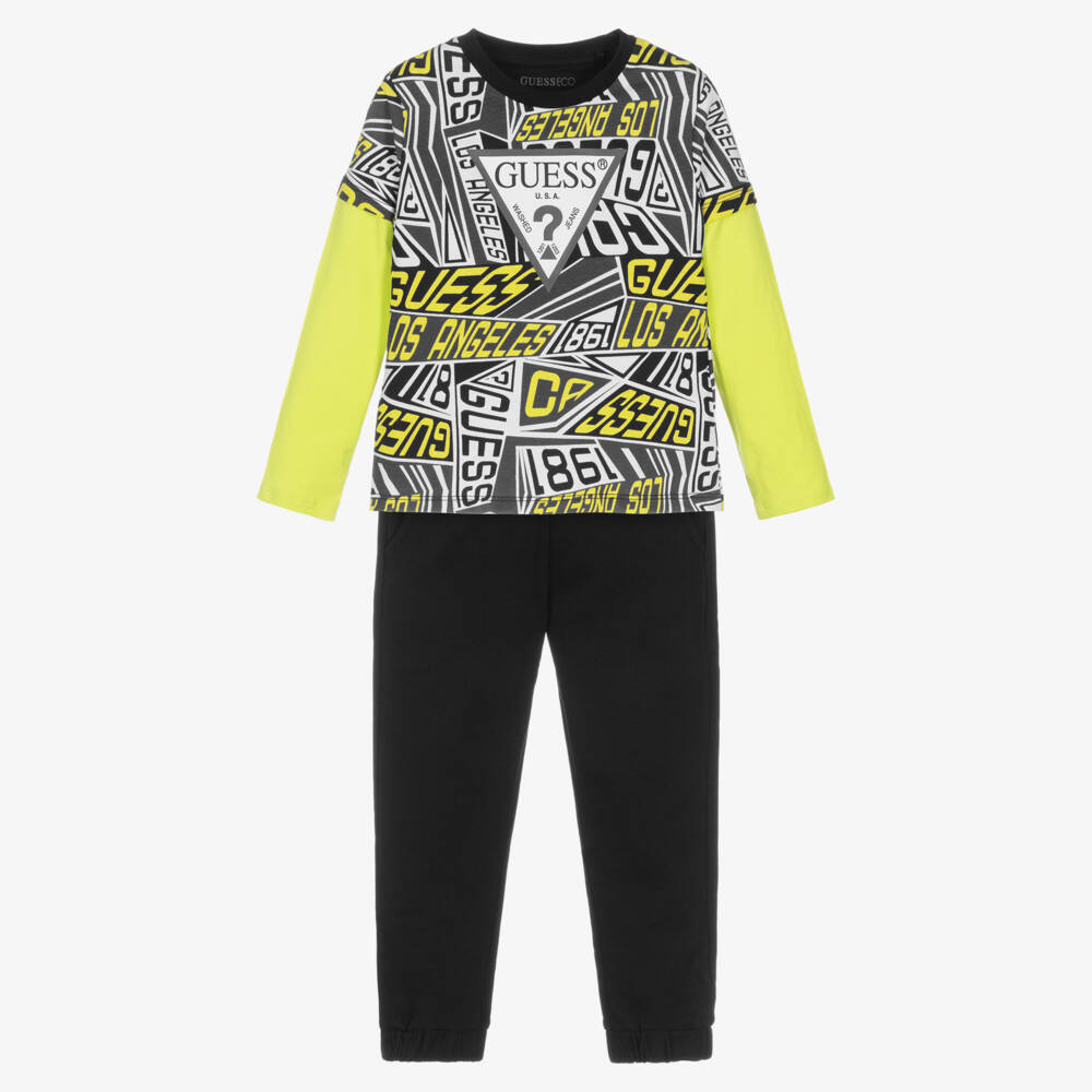Guess-Boys Black Logo Pattern Cotton Trouser Set | Childrensalon
