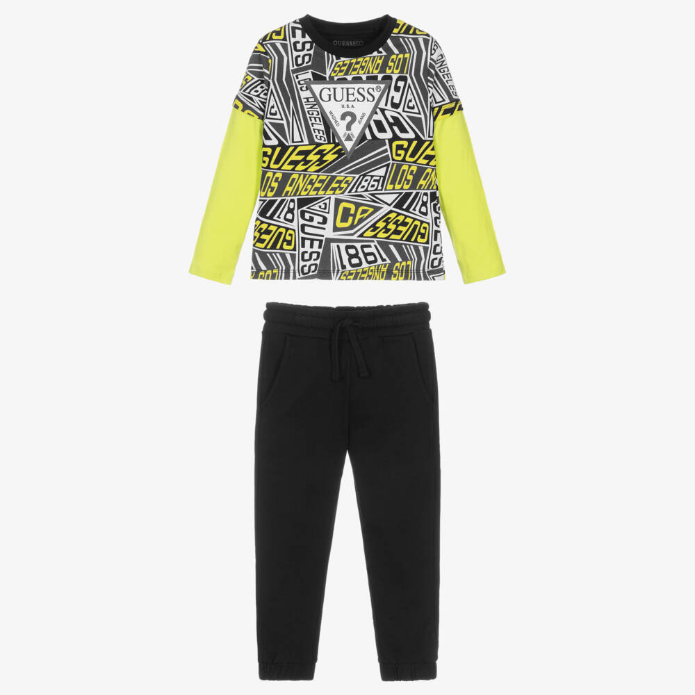 Guess-Boys Black Logo Pattern Cotton Trouser Set | Childrensalon