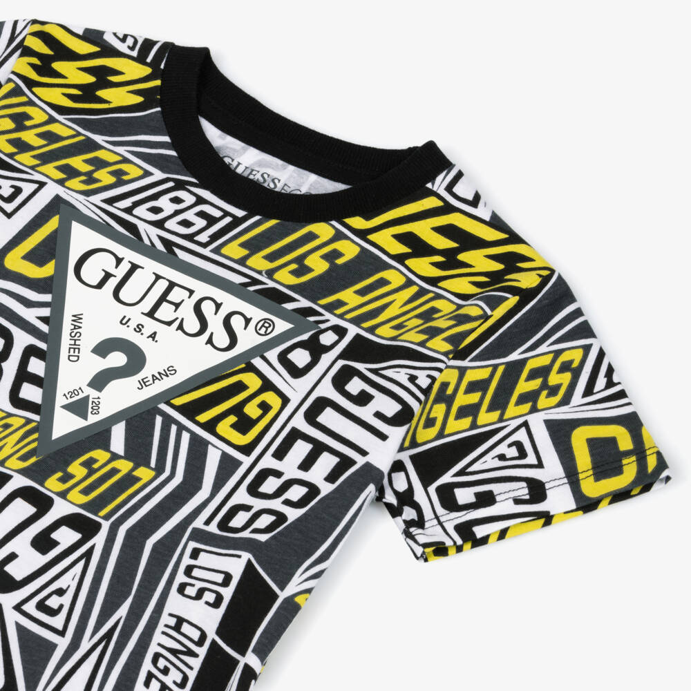 Guess-Boys Black Logo Pattern T-Shirt with Triangle Logo | Childrensalon