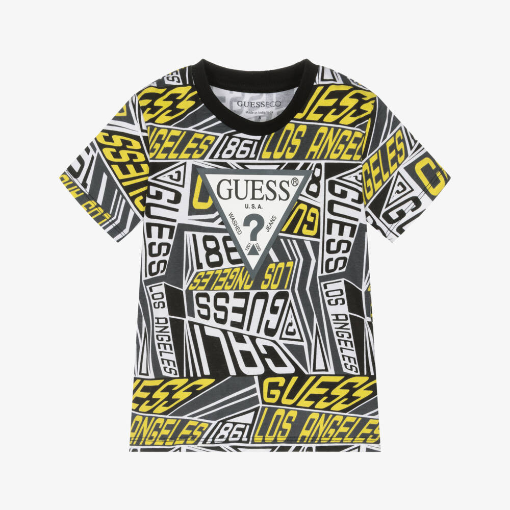 Guess-Boys Black Logo Pattern T-Shirt with Triangle Logo | Childrensalon