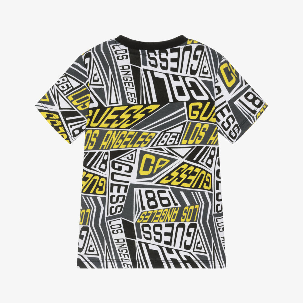 Guess-Boys Black Logo Pattern T-Shirt with Triangle Logo | Childrensalon
