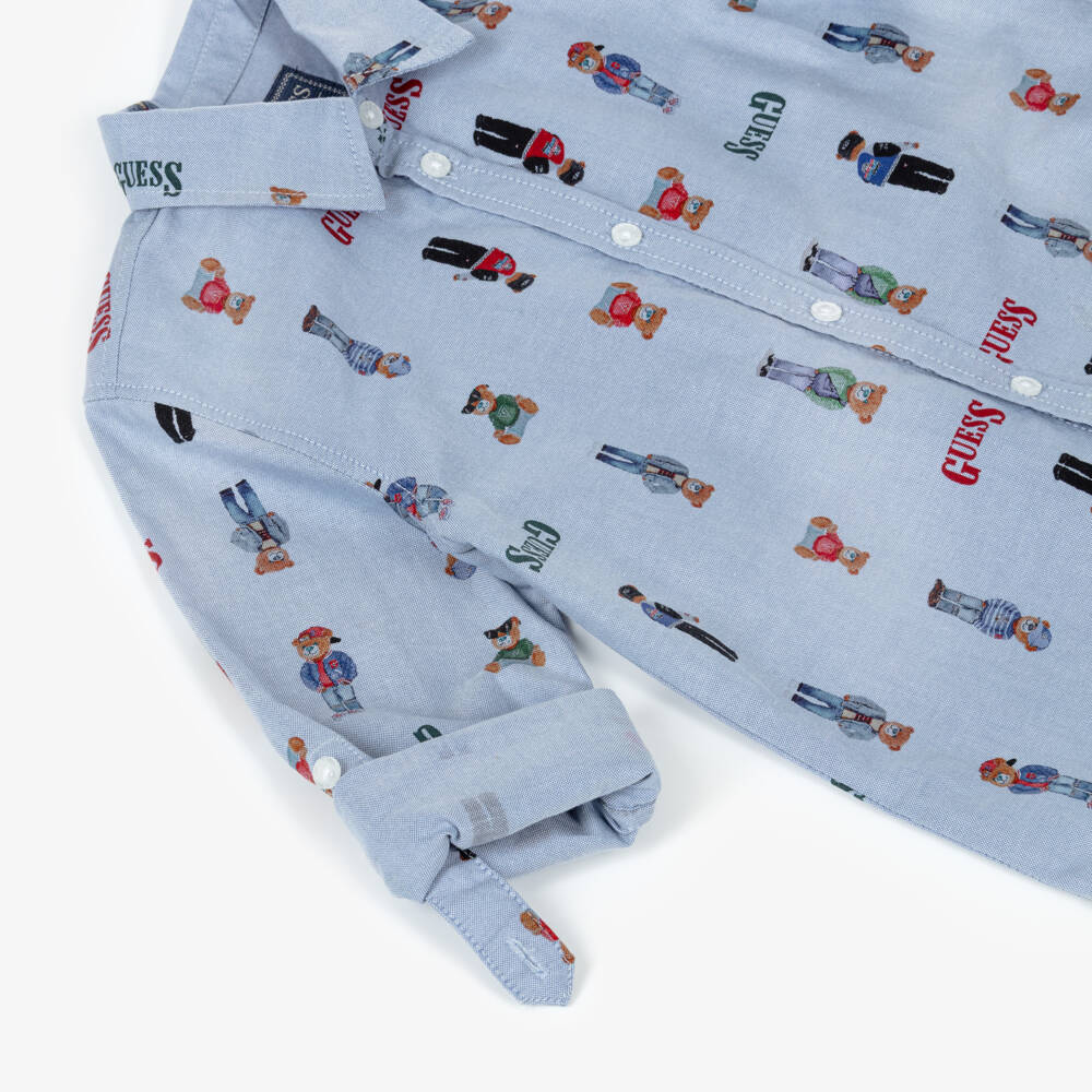 Guess-Boys Blue Bear & Logo Print Oxford Cotton Shirt | Childrensalon