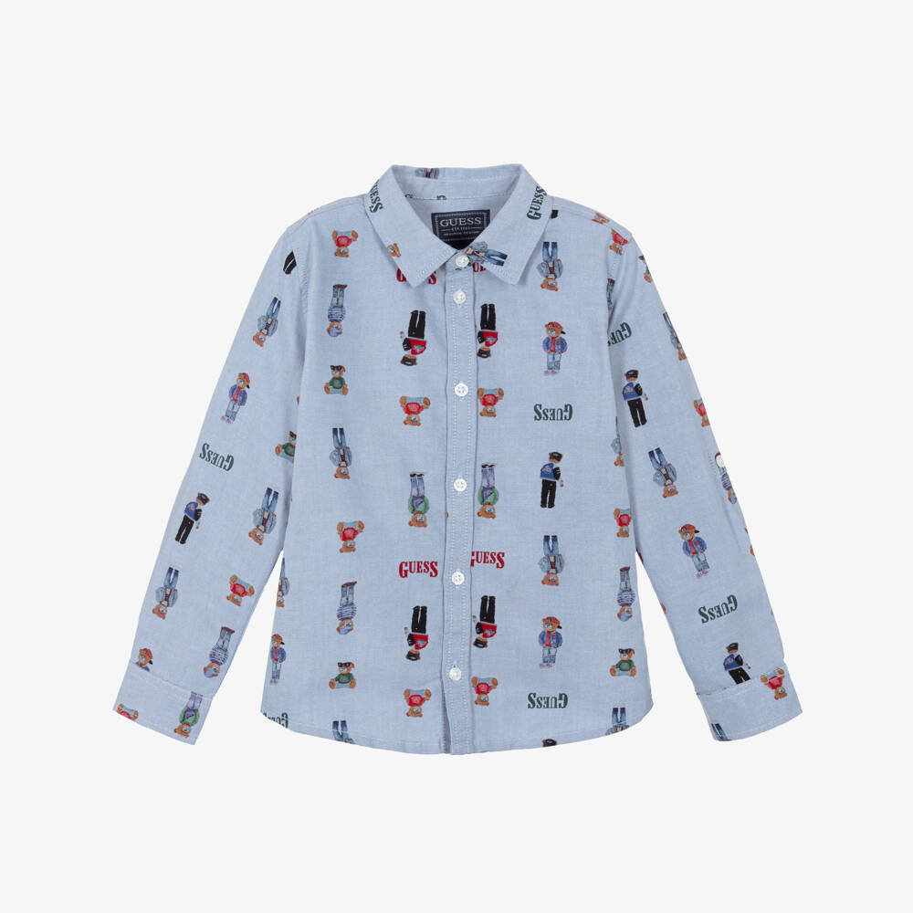 Guess-Boys Blue Bear & Logo Print Oxford Cotton Shirt | Childrensalon