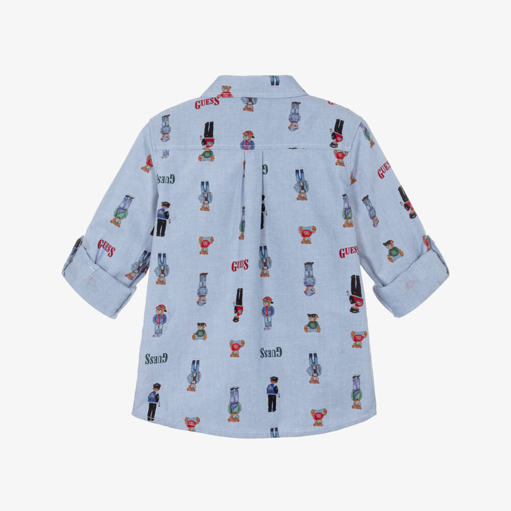 Guess-Boys Blue Bear & Logo Print Oxford Cotton Shirt | Childrensalon