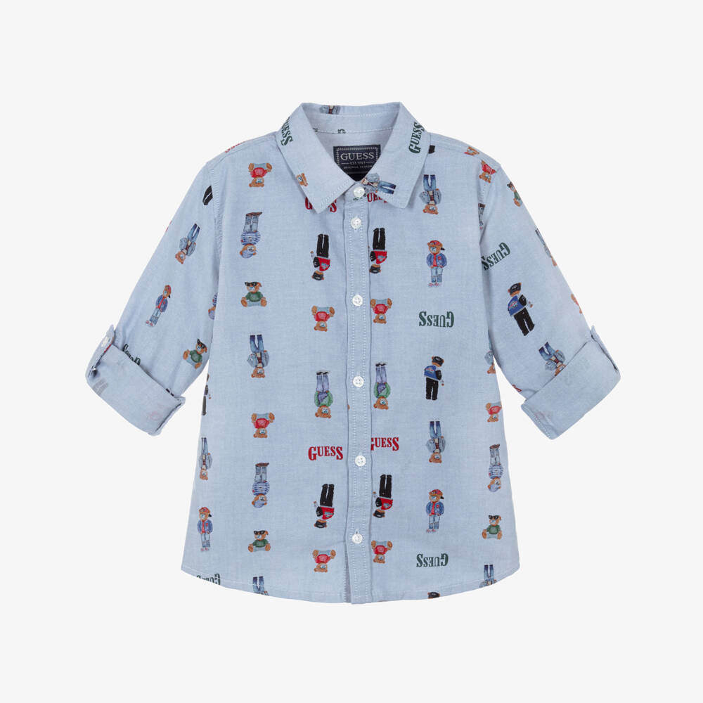 Guess-Boys Blue Bear & Logo Print Oxford Cotton Shirt | Childrensalon