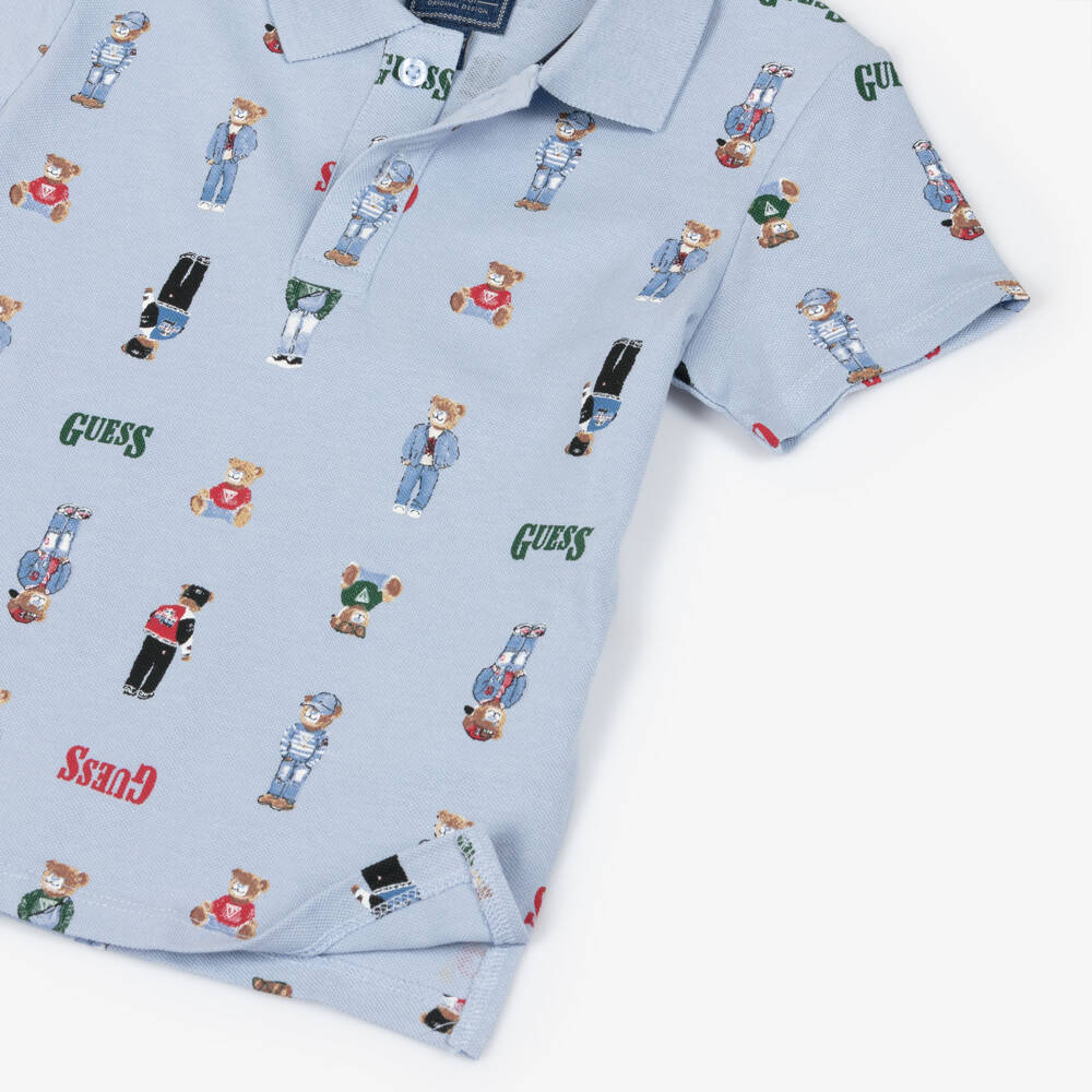 Guess-Boys Blue Bear Print Cotton Piqué Polo Shirt | Childrensalon