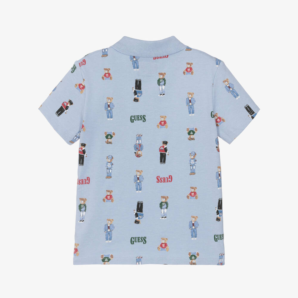 Guess-Boys Blue Bear Print Cotton Piqué Polo Shirt | Childrensalon