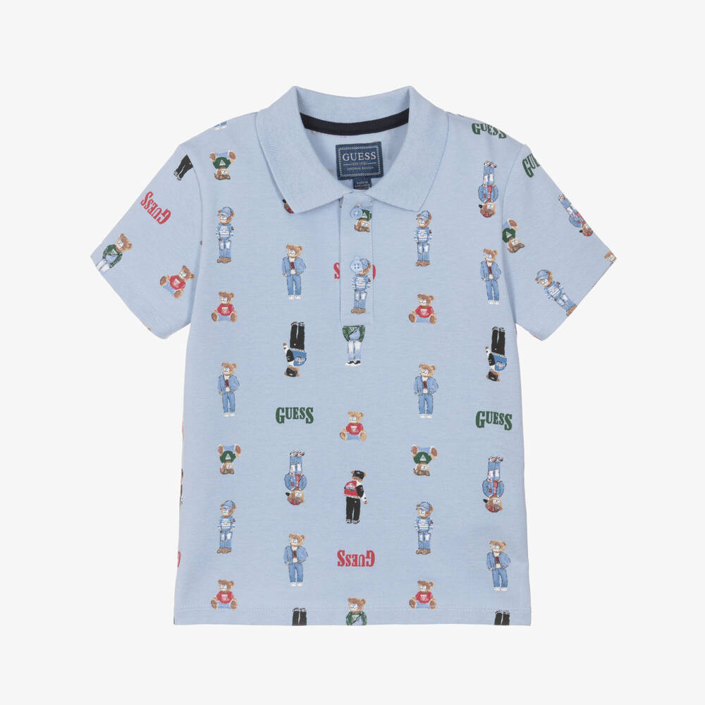 Guess-Boys Blue Bear Print Cotton Piqué Polo Shirt | Childrensalon