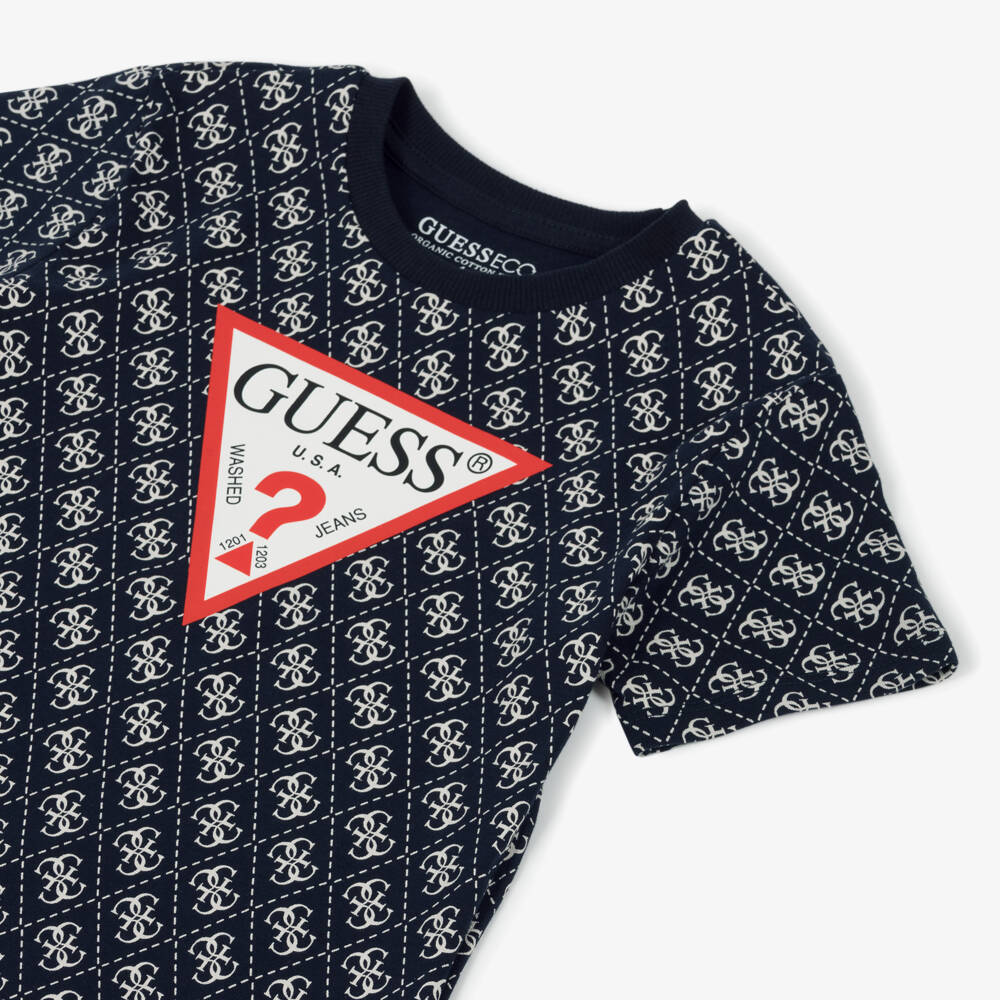 Guess-Boys Blue Cotton 4g Logo T-Shirt | Childrensalon