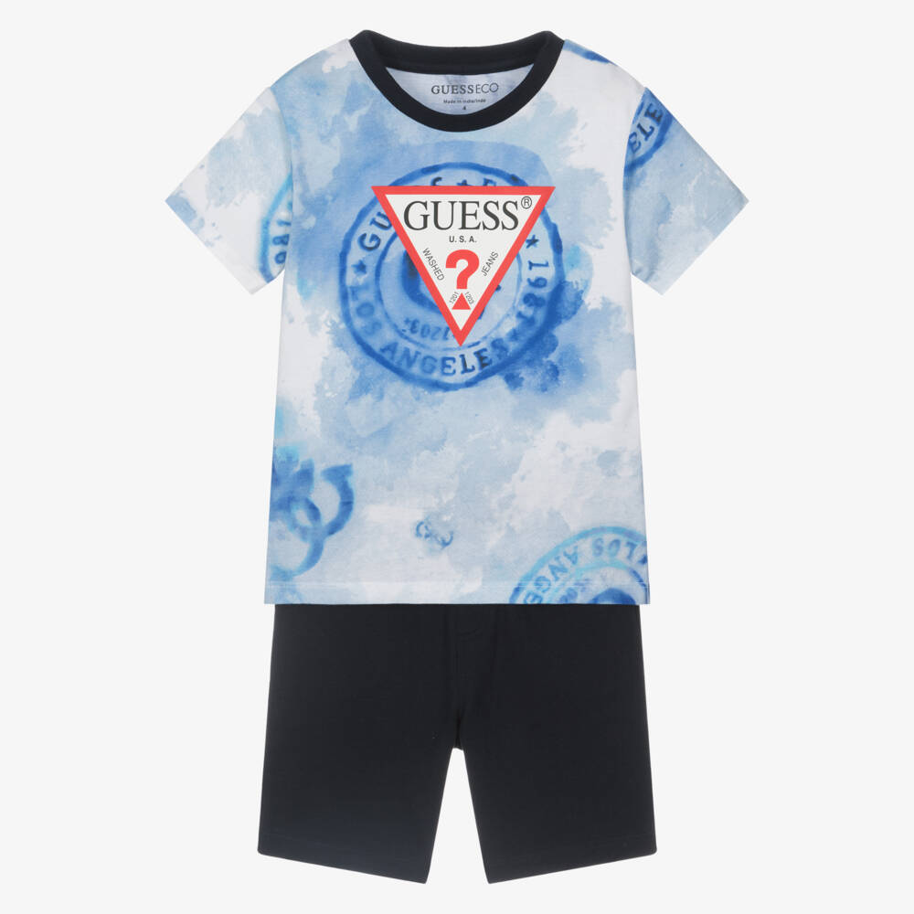 Guess-Boys Blue Cotton Logo Stamp Shorts Set | Childrensalon