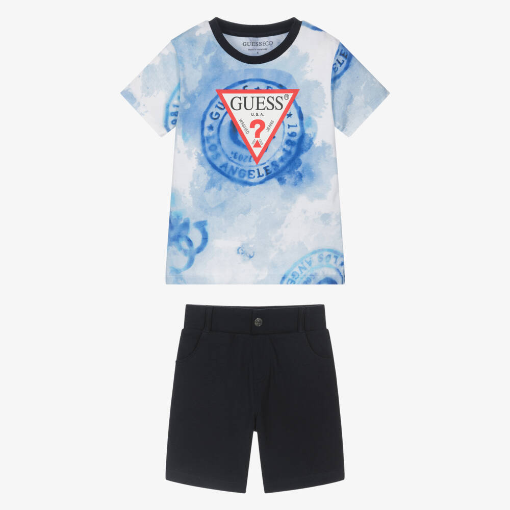 Guess-Boys Blue Cotton Logo Stamp Shorts Set | Childrensalon