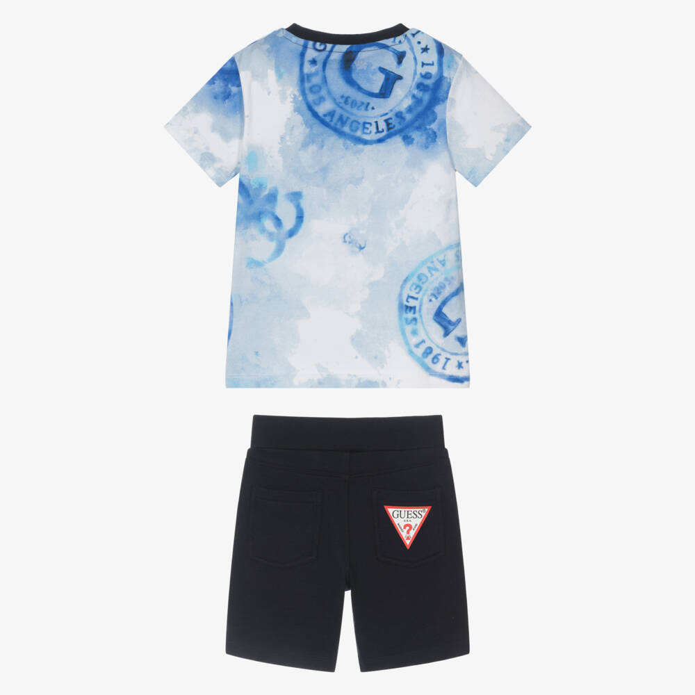Guess-Boys Blue Cotton Logo Stamp Shorts Set | Childrensalon