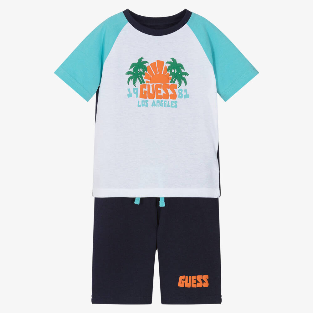 Guess-Boys Blue Cotton Shorts Set with Palm Tree Print | Childrensalon