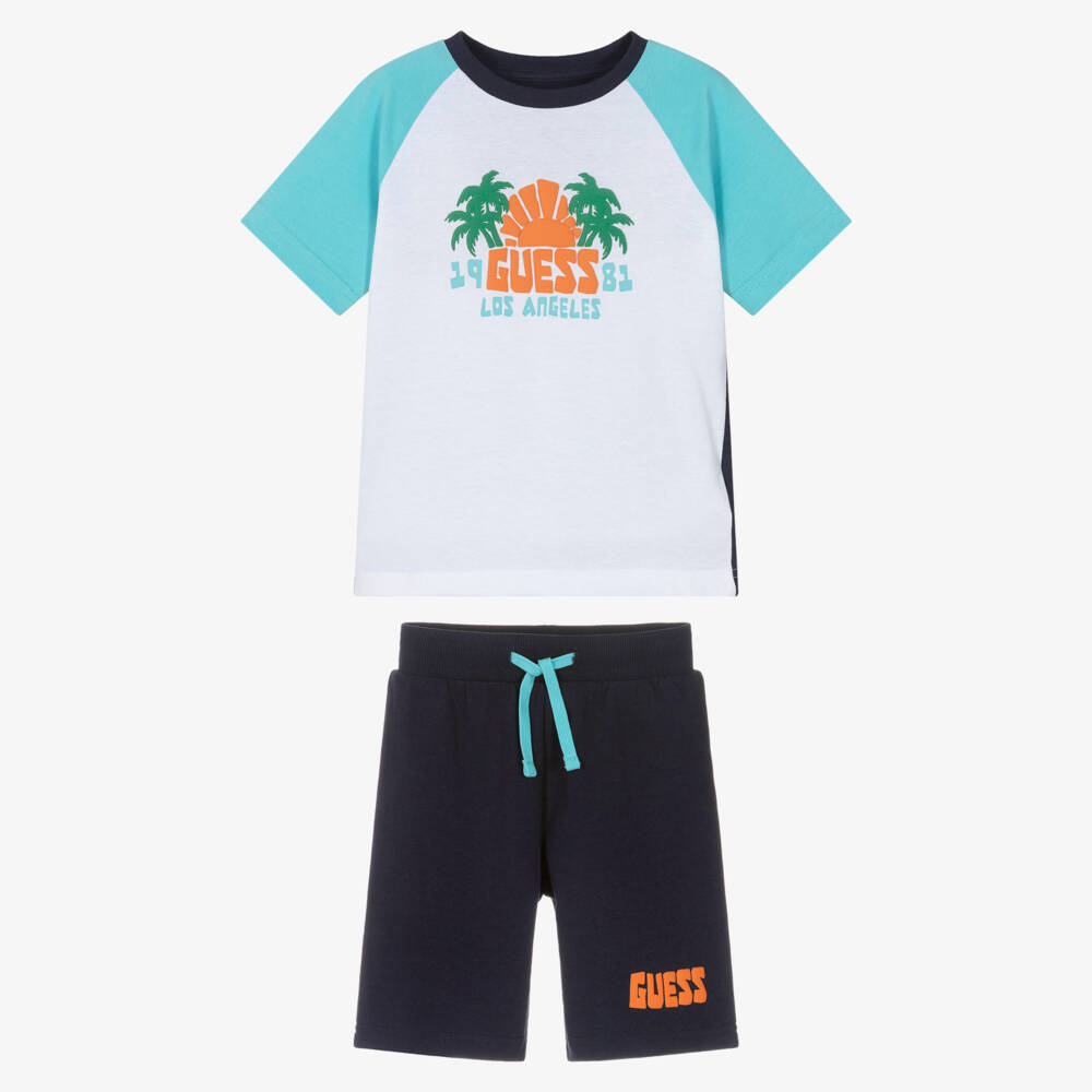 Guess-Boys Blue Cotton Shorts Set with Palm Tree Print | Childrensalon