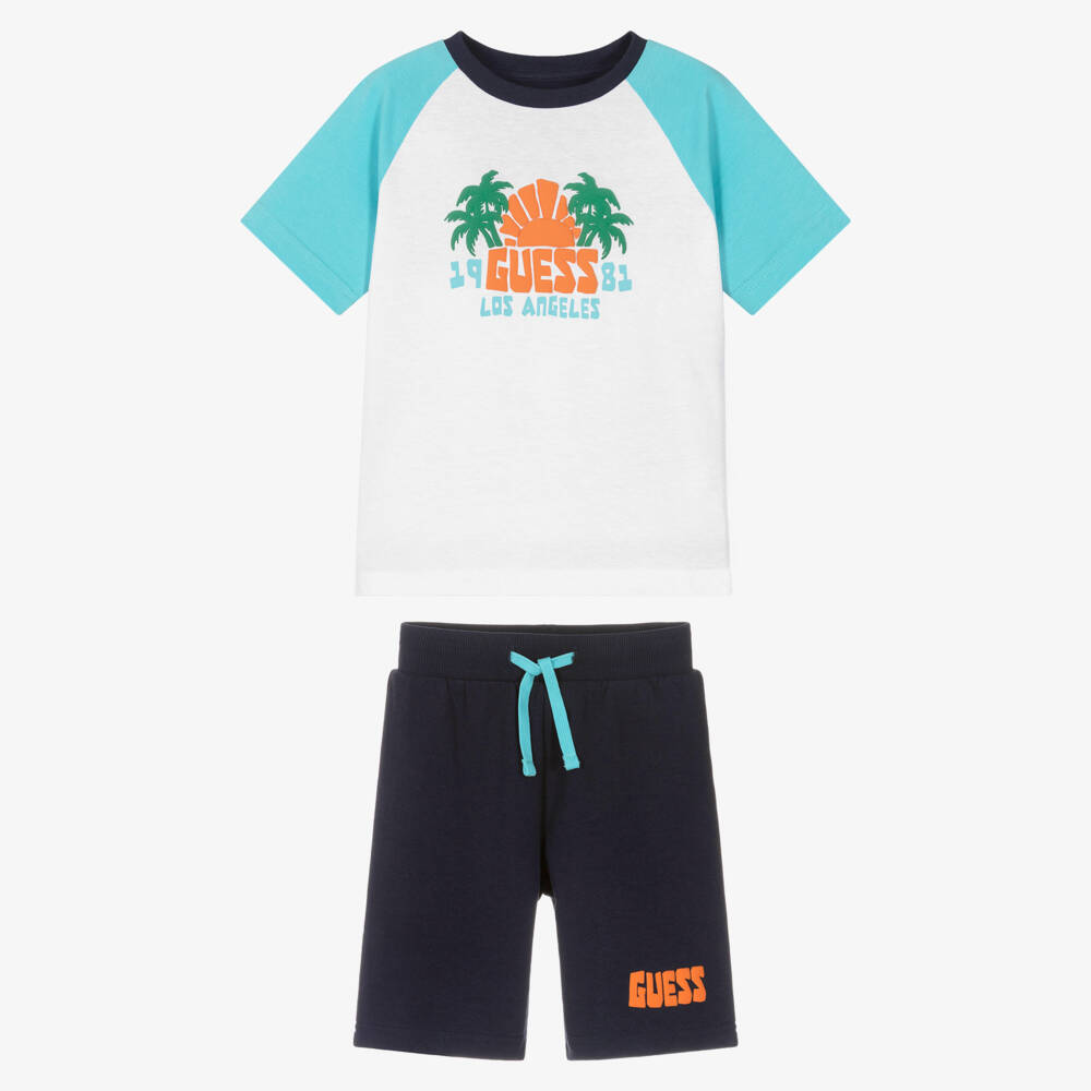 Guess-Boys Blue Cotton Shorts Set with Palm Tree Print | Childrensalon