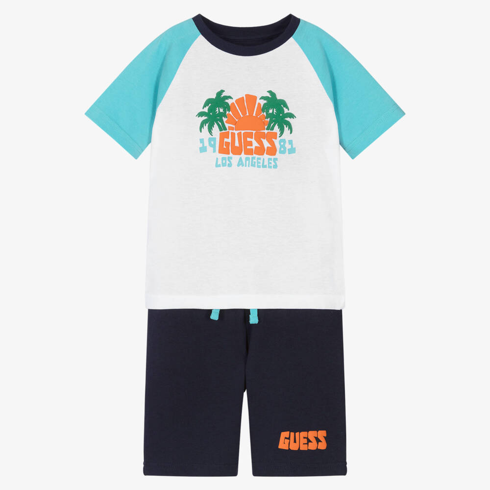 Guess-Boys Blue Cotton Shorts Set with Palm Tree Print | Childrensalon