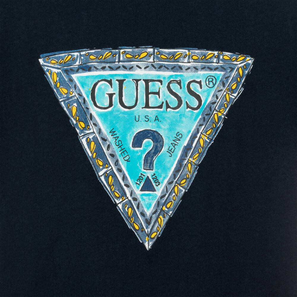 Guess-Boys Blue Cotton T-Shirt with Blue & Yellow Triangle Logo | Childrensalon