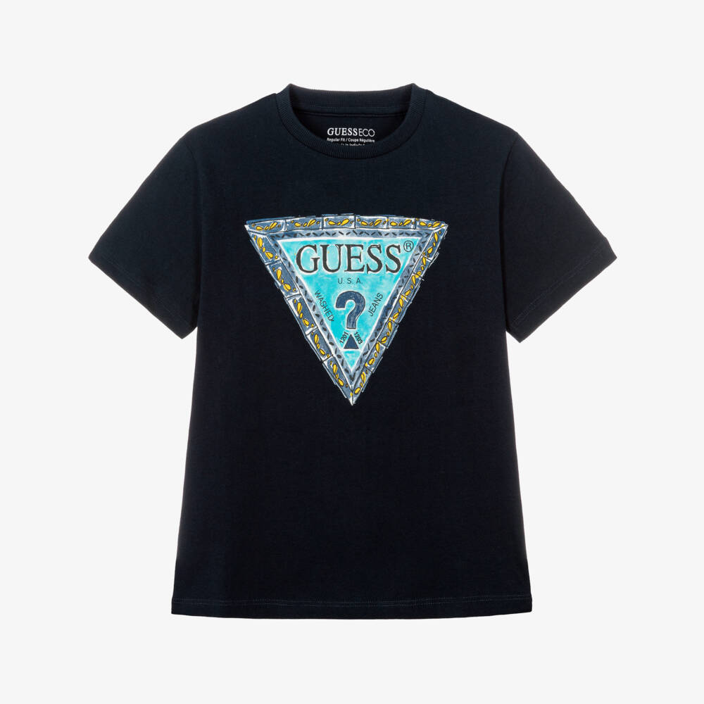 Guess-Boys Blue Cotton T-Shirt with Blue & Yellow Triangle Logo | Childrensalon