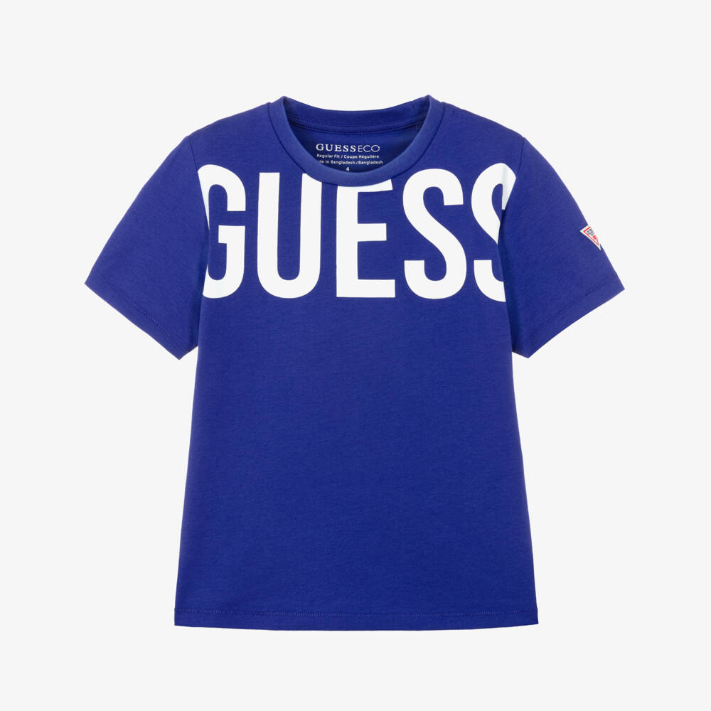 Guess-Boys Blue Cotton T-Shirt with Bold White Logo Print | Childrensalon