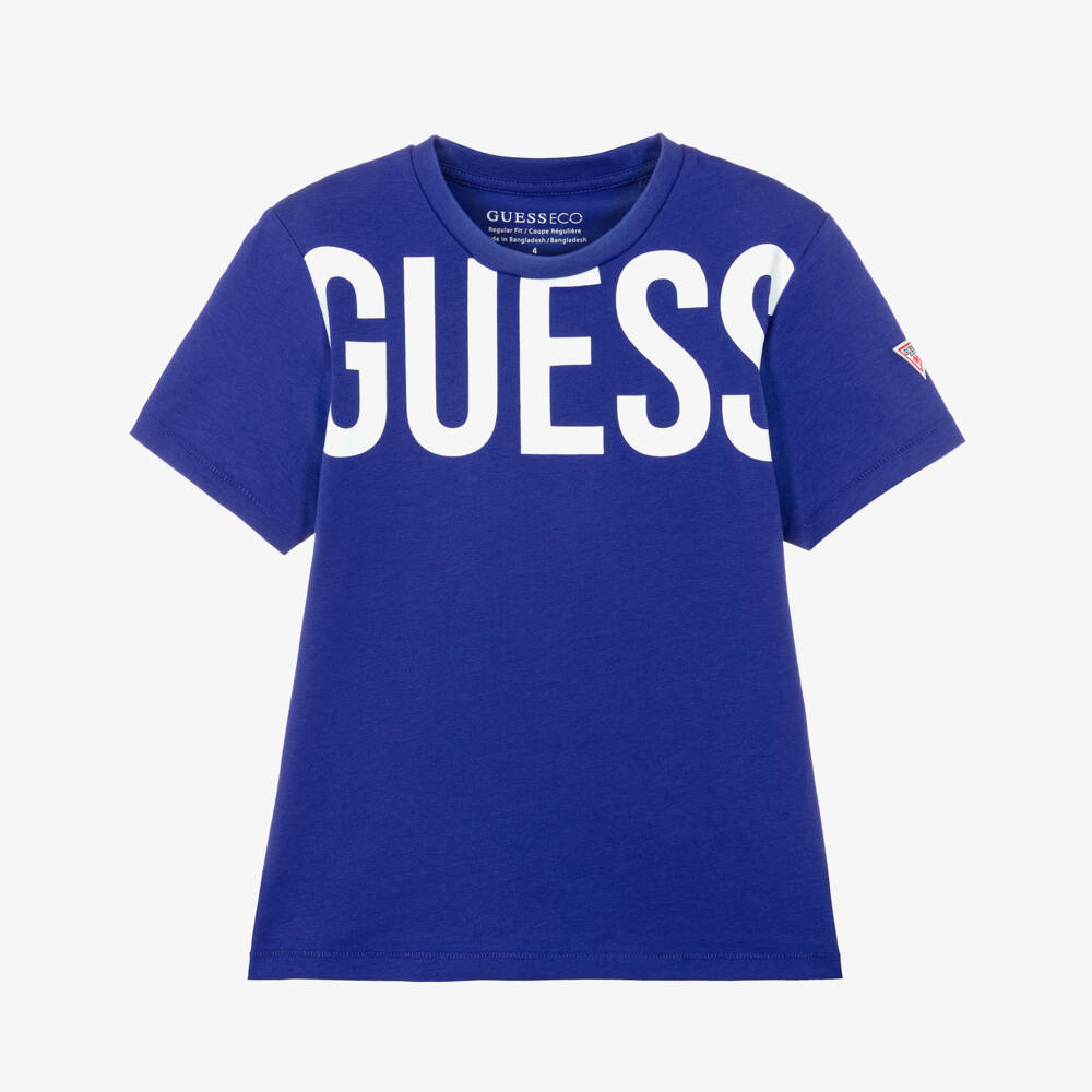 Guess-Boys Blue Cotton T-Shirt with Bold White Logo Print | Childrensalon