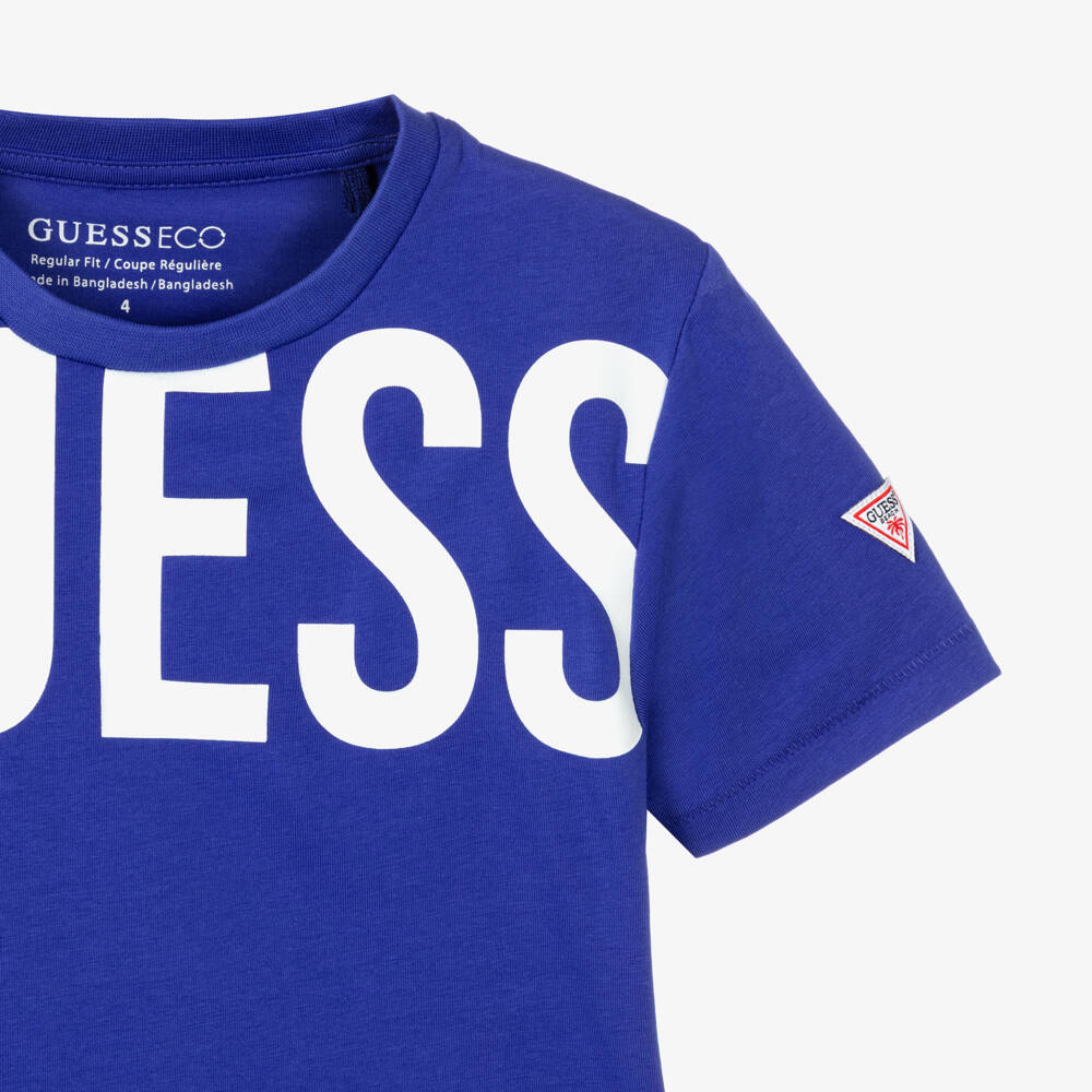 Guess-Boys Blue Cotton T-Shirt with Bold White Logo Print | Childrensalon