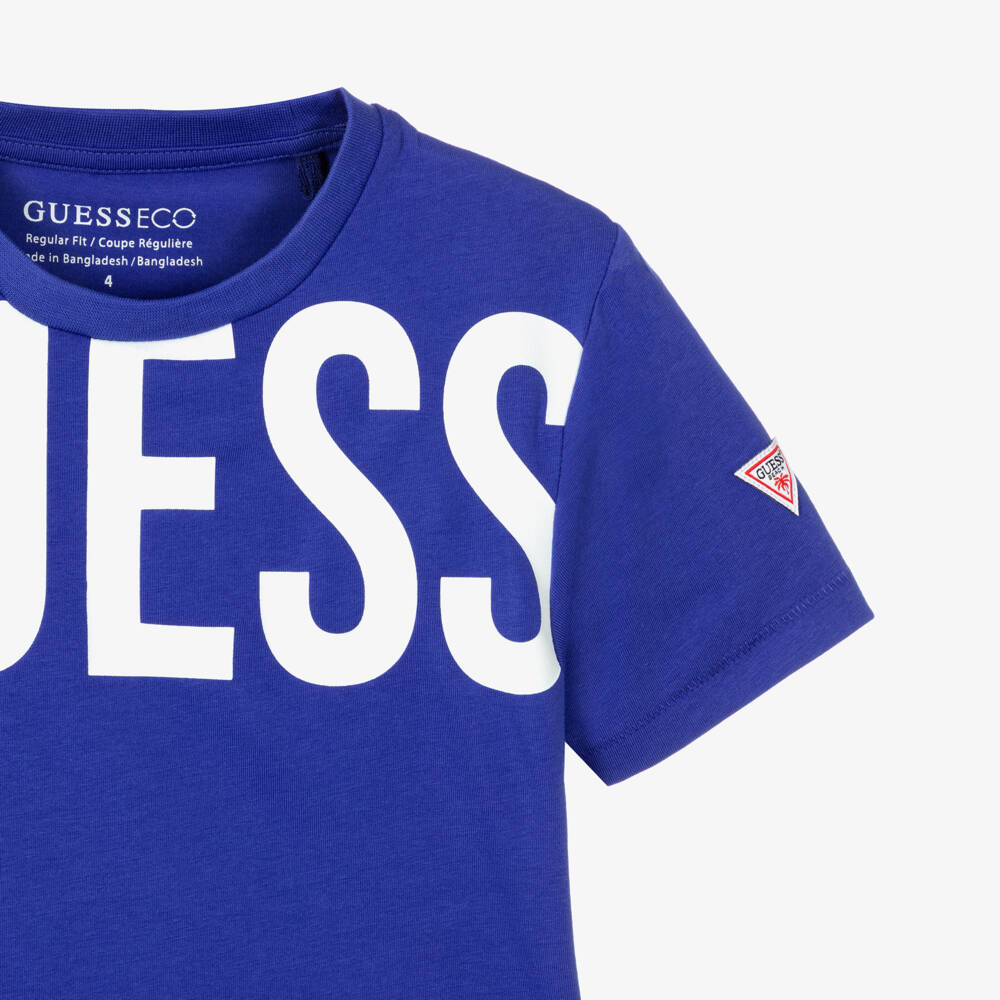 Guess-Boys Blue Cotton T-Shirt with Bold White Logo Print | Childrensalon