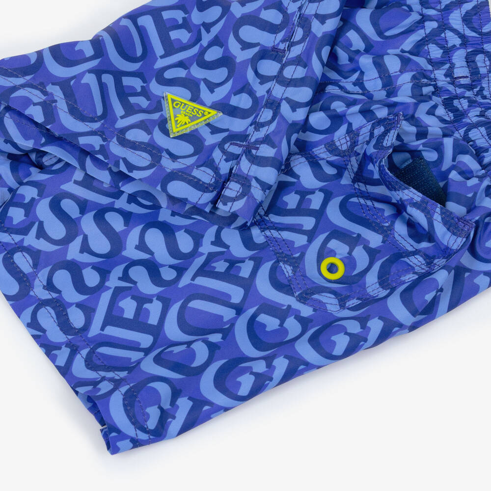 Guess-Boys Blue Logo Print Swim Shorts | Childrensalon
