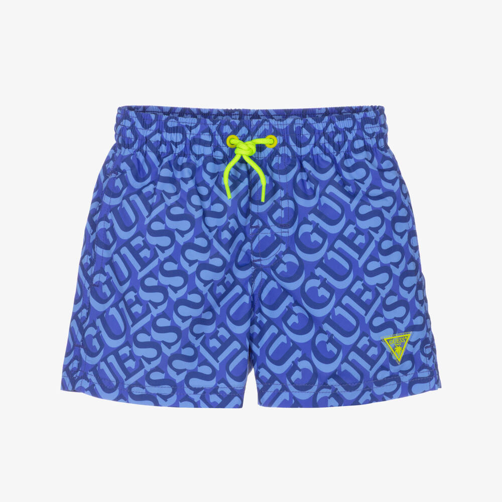 Guess-Boys Blue Logo Print Swim Shorts  | Childrensalon