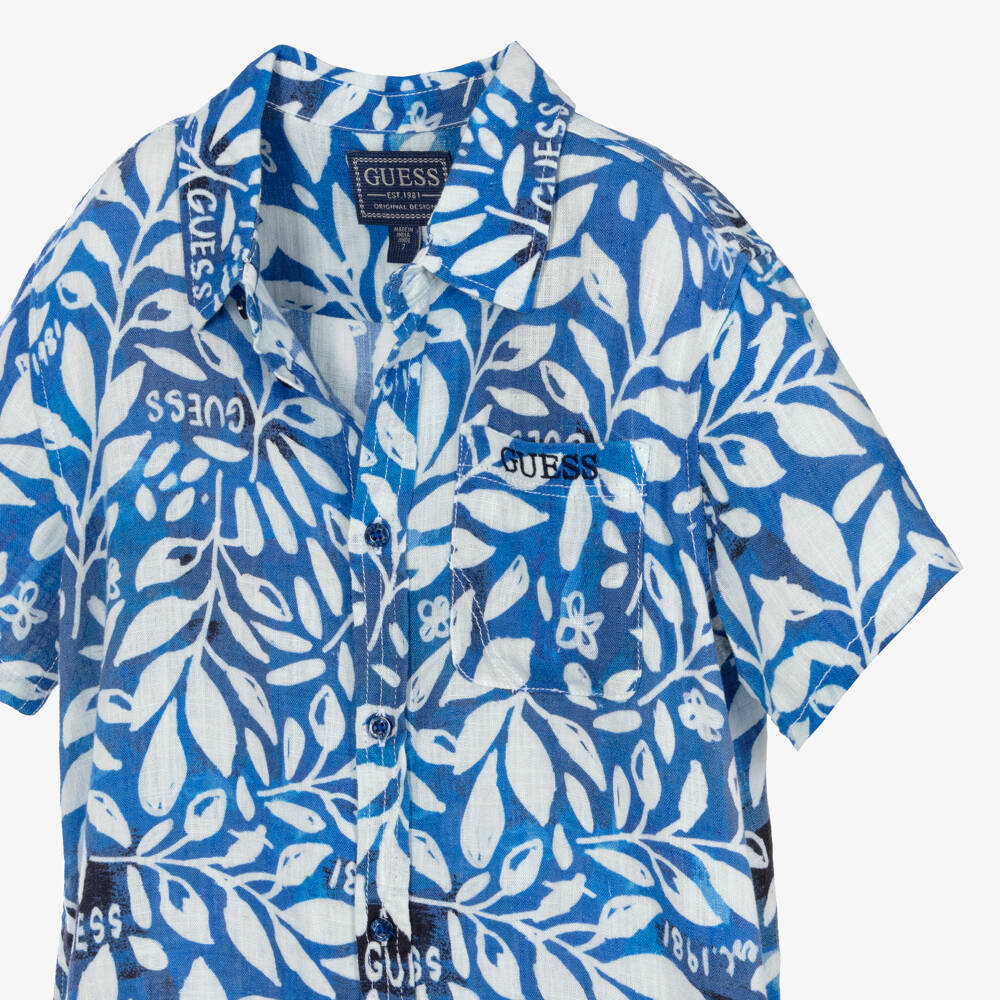 Guess-Boys Blue & White Botanical Print Shirt | Childrensalon