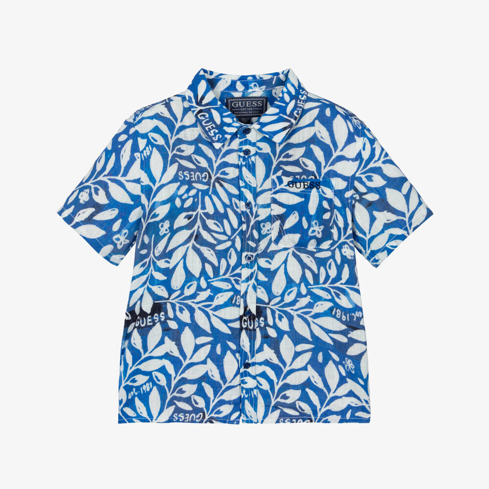 Guess-Boys Blue & White Botanical Print Shirt | Childrensalon
