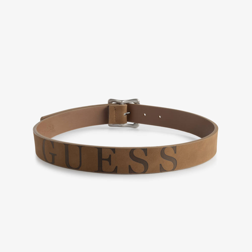 Guess-Boys Brown Faux Leather Belt with Logo Print | Childrensalon