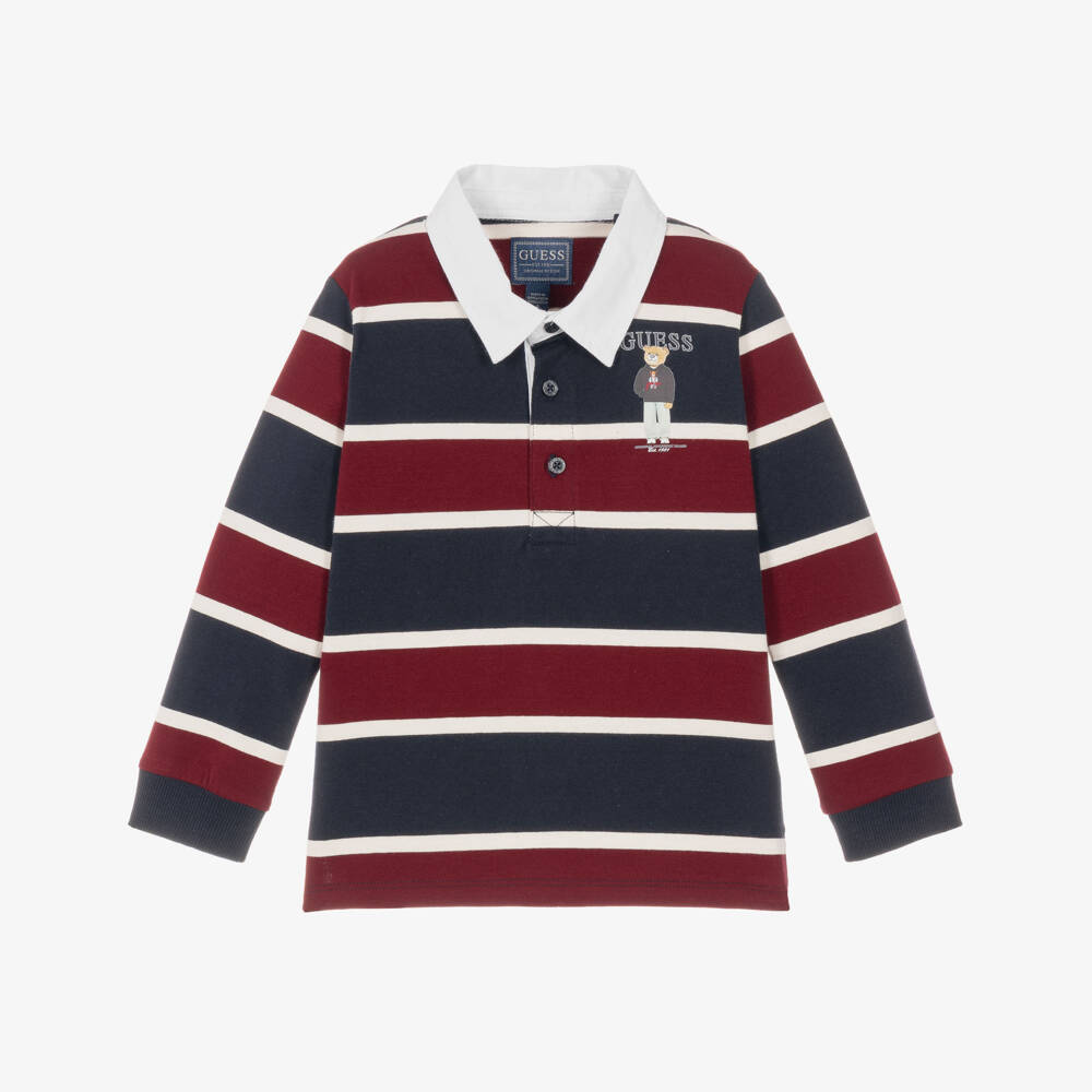 Guess-Boys Burgundy Striped Cotton Long Sleeve Polo Shirt | Childrensalon