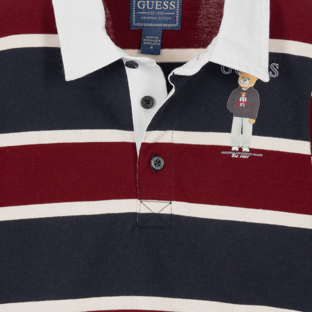 Guess-Boys Burgundy Striped Cotton Long Sleeve Polo Shirt | Childrensalon