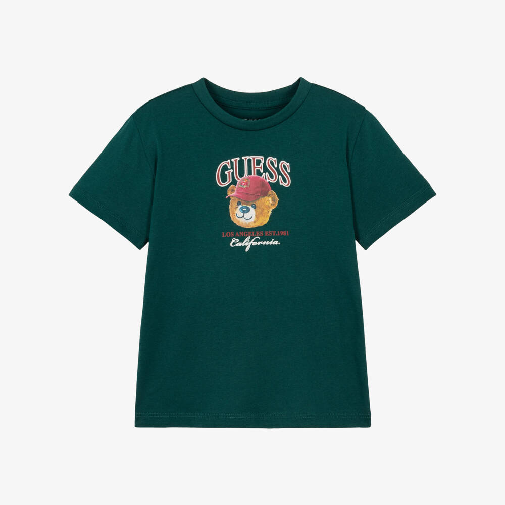 Guess-Boys Dark Green Cotton T-Shirt with Teddy Logo | Childrensalon