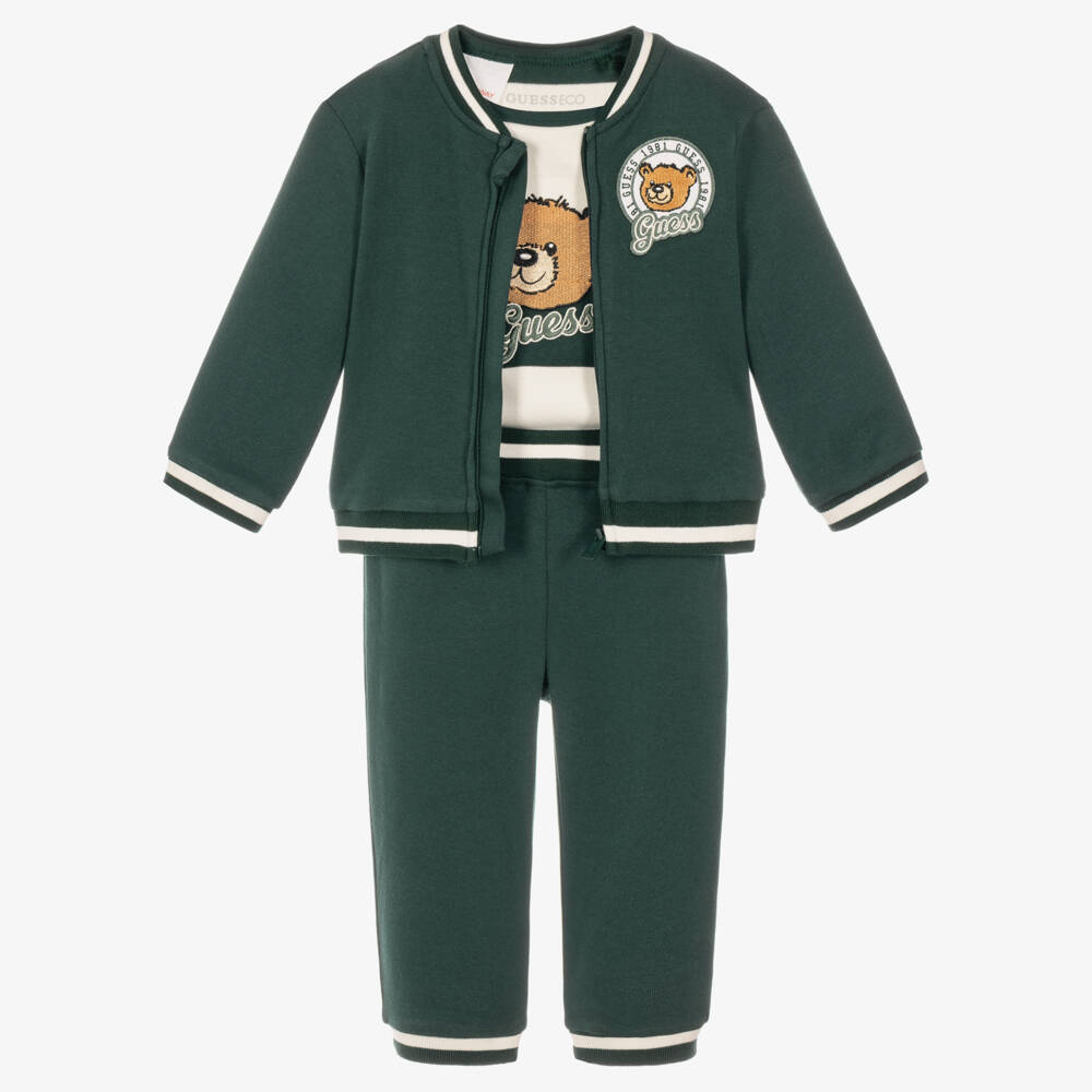 Guess-Boys Dark Green Cotton Teddy Tracksuit Set | Childrensalon