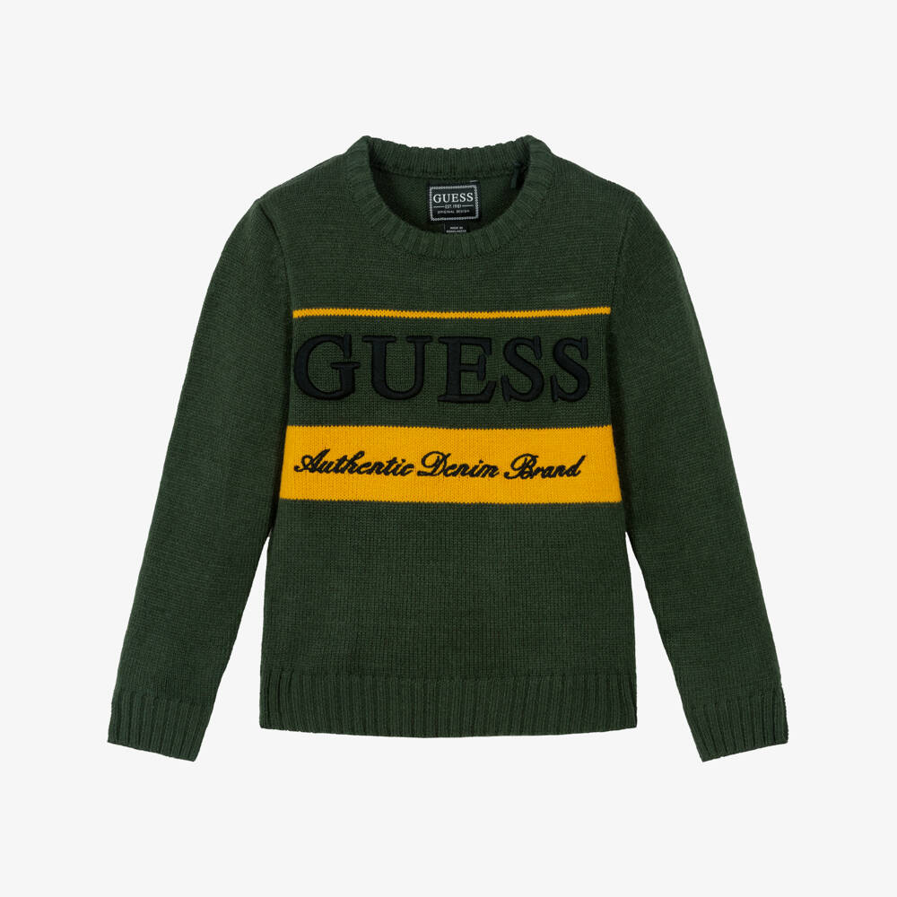 Guess-Boys Dark Green Knitted Sweater with Embroidered Logo | Childrensalon