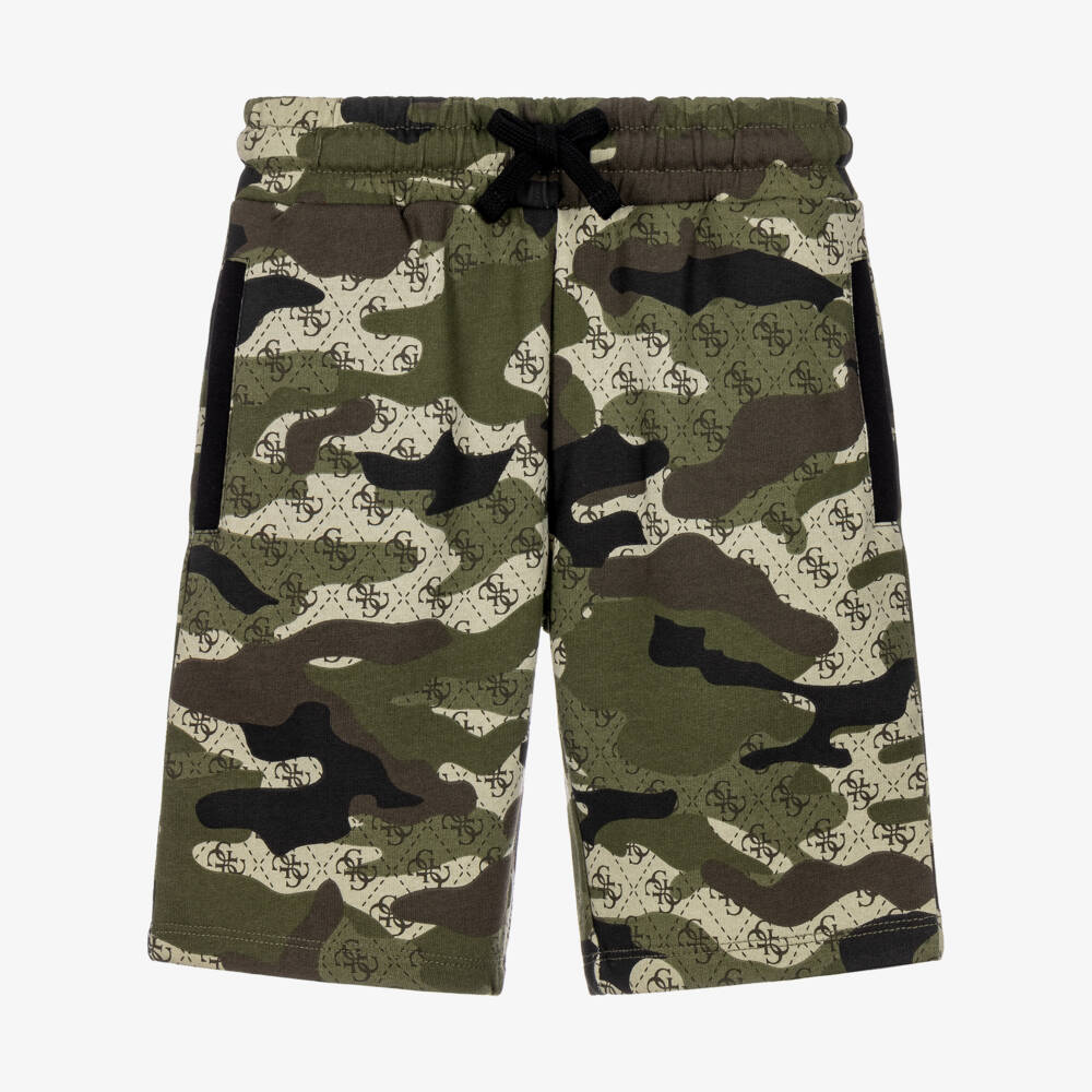 Guess-Boys Green Camo Shorts with 4g Logo Pattern | Childrensalon