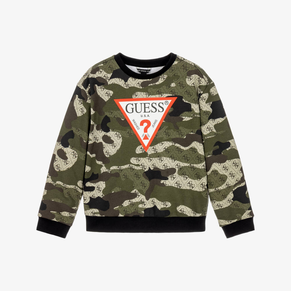 Guess-Boys Green Camo Sweatshirt with 4g Logo Pattern | Childrensalon