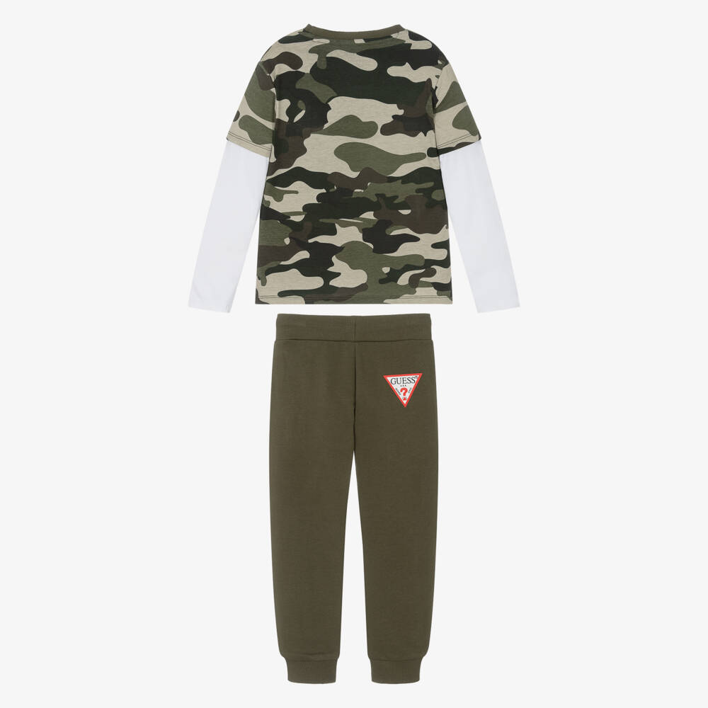 Guess-Boys Green Cotton Camoflage Triangle Logo Top & Joggers Set | Childrensalon