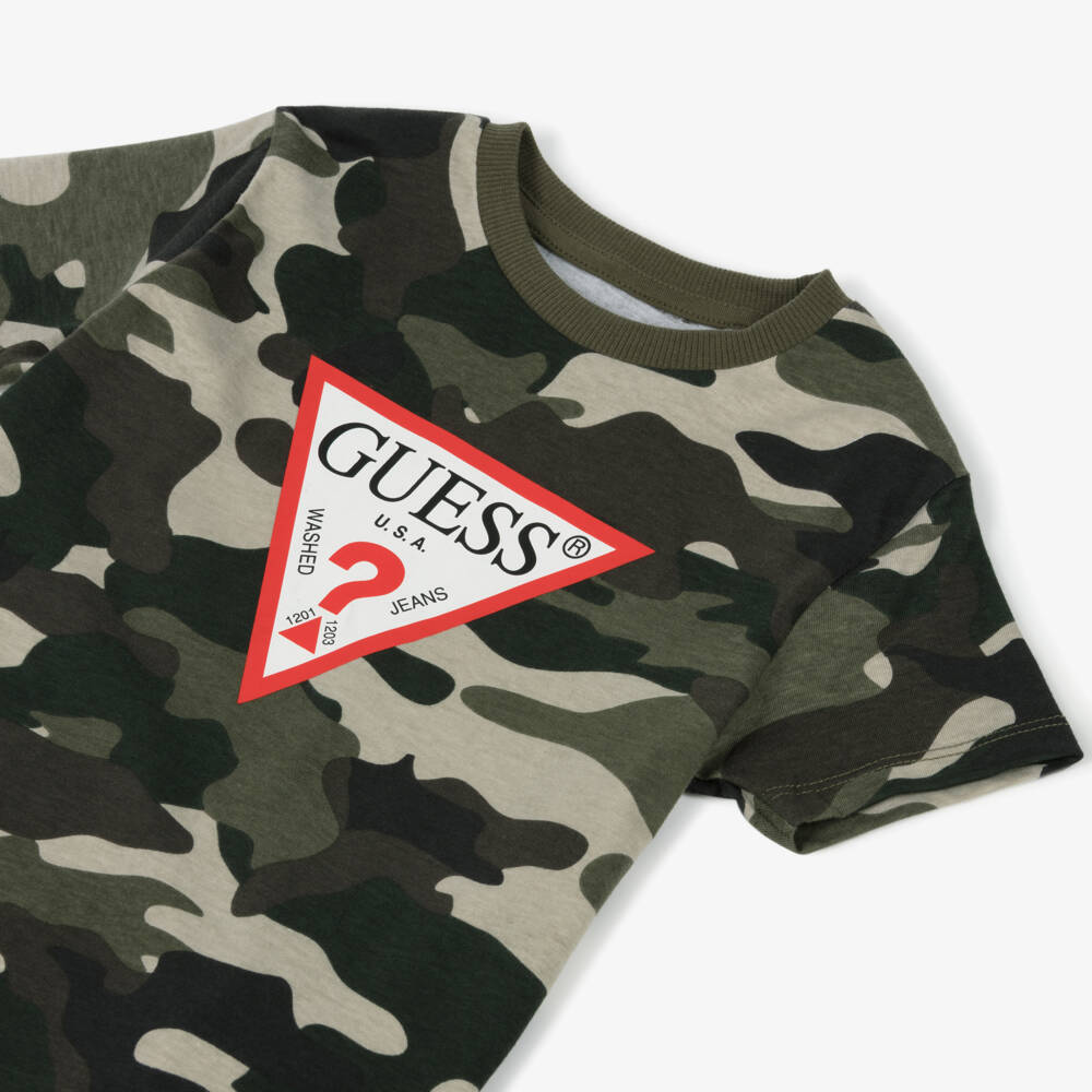 Guess-Boys Green Cotton Camouflage Print T-Shirt | Childrensalon