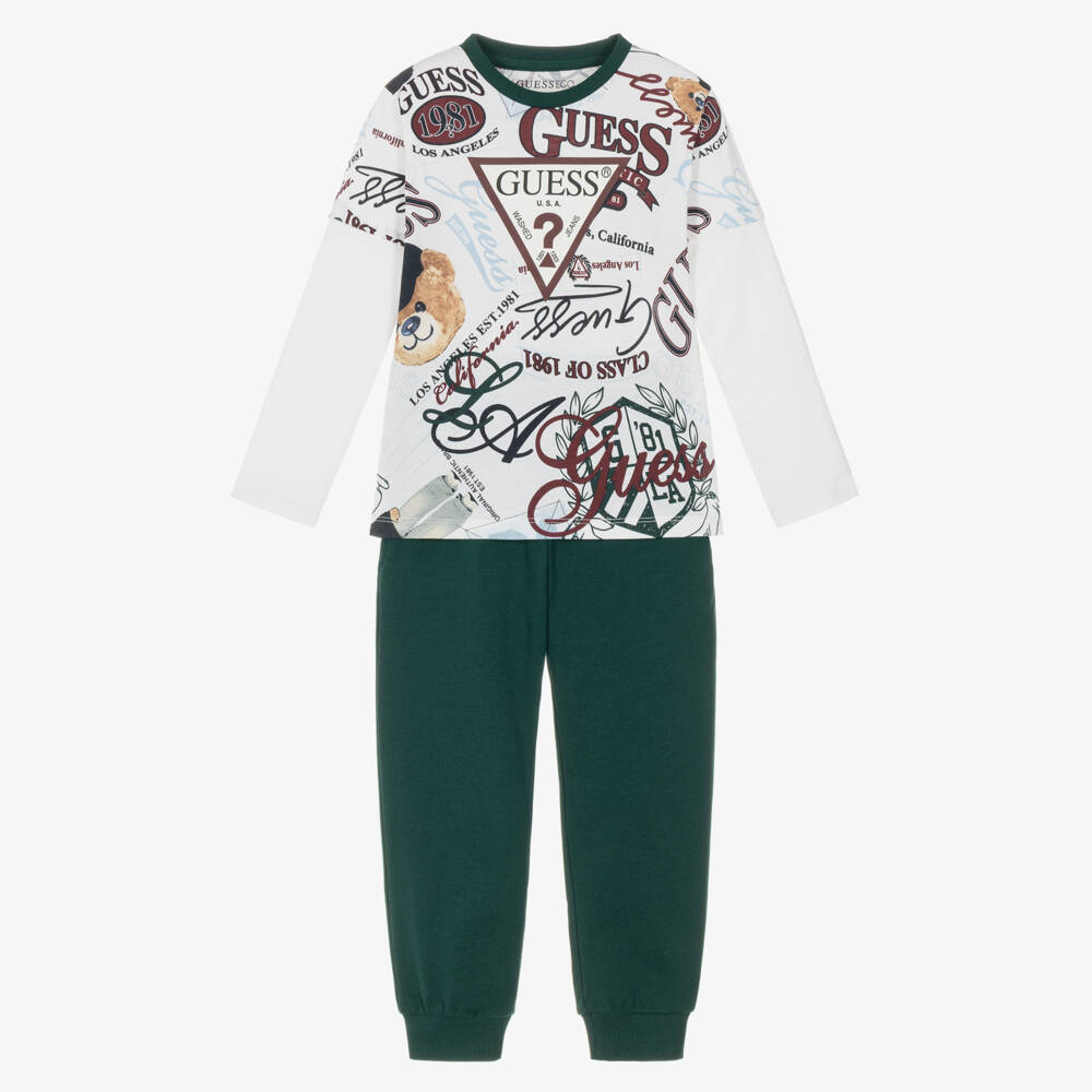 Guess-Boys Green Cotton Trouser Set with Logo Graphics | Childrensalon