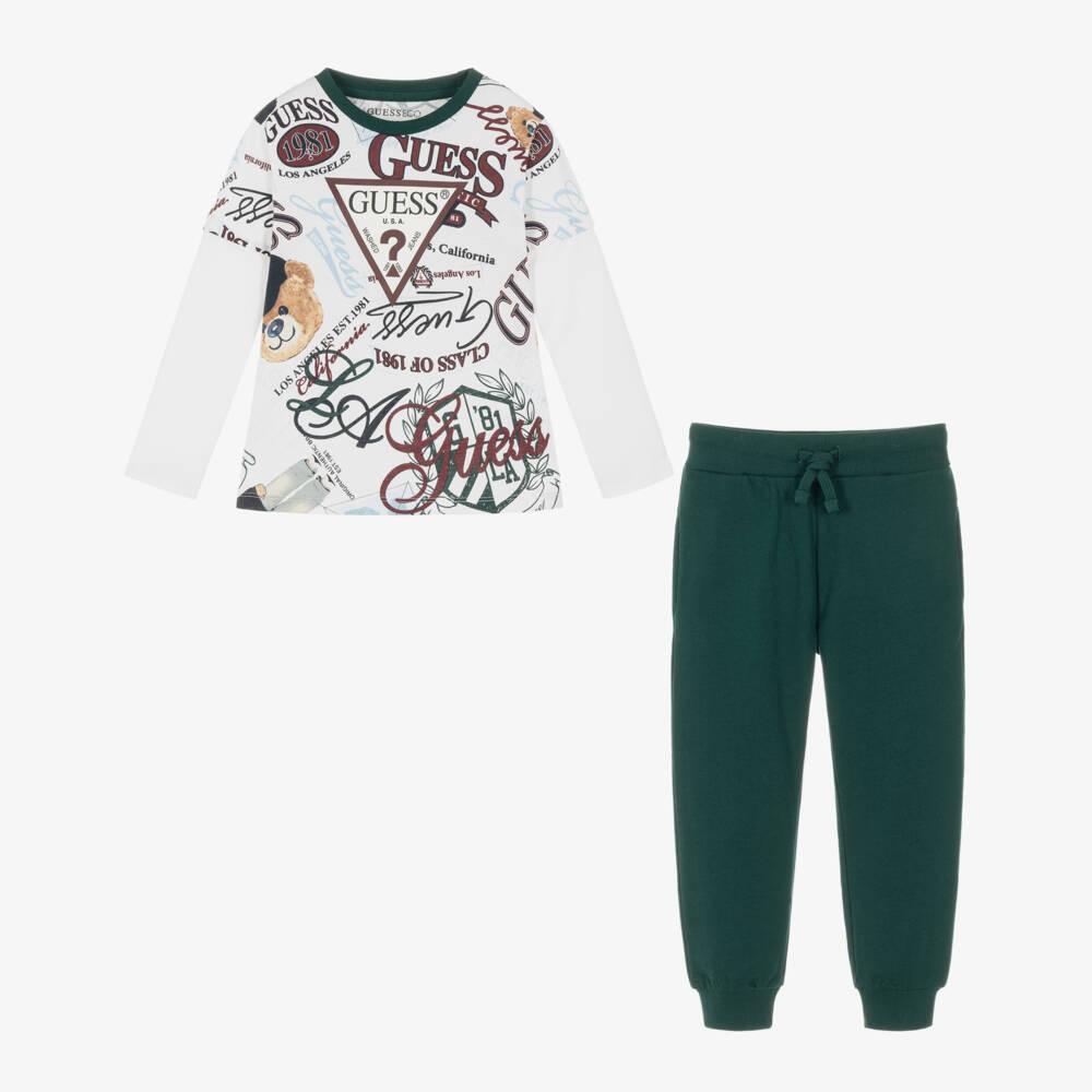 Guess-Boys Green Cotton Trouser Set with Logo Graphics | Childrensalon