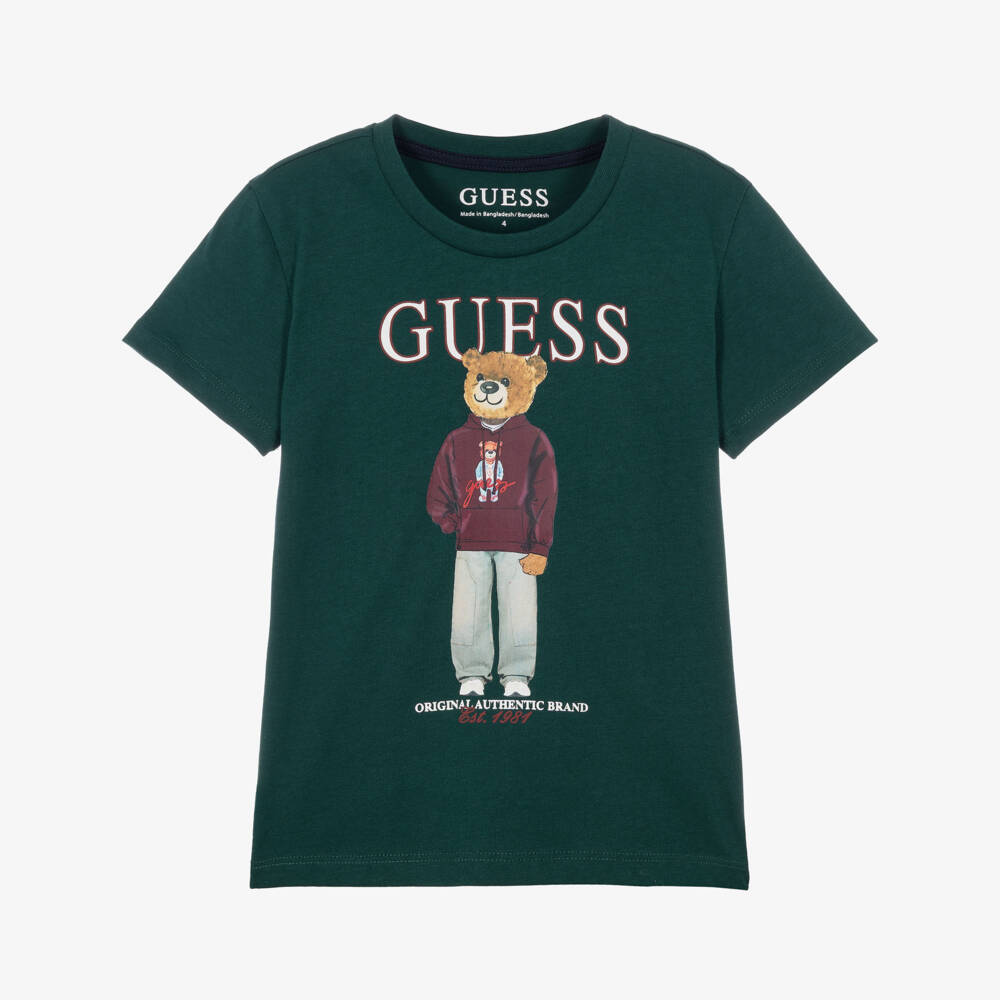 Guess-Boys Green Cotton Varsity Bear T-Shirt | Childrensalon