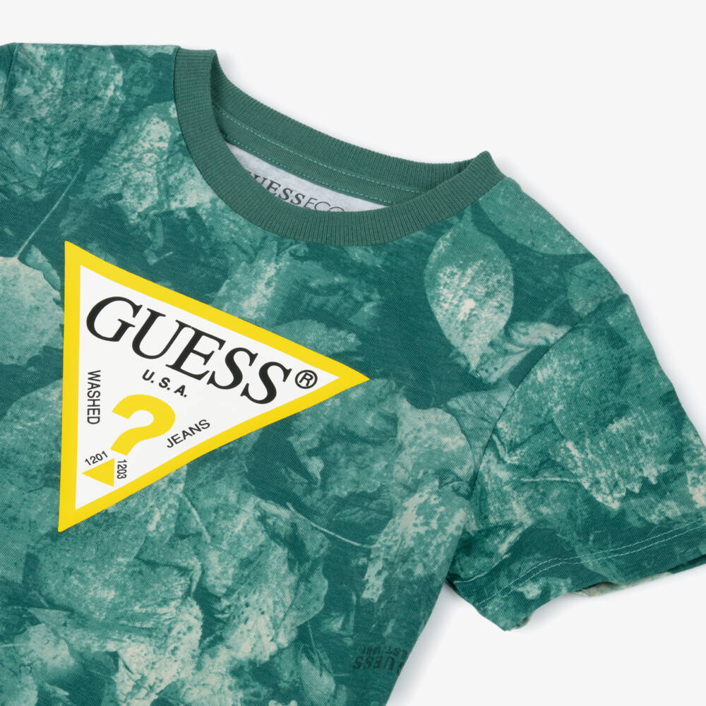 Guess-Boys Green Leaf Pattern T-Shirt with Triangle Logo | Childrensalon
